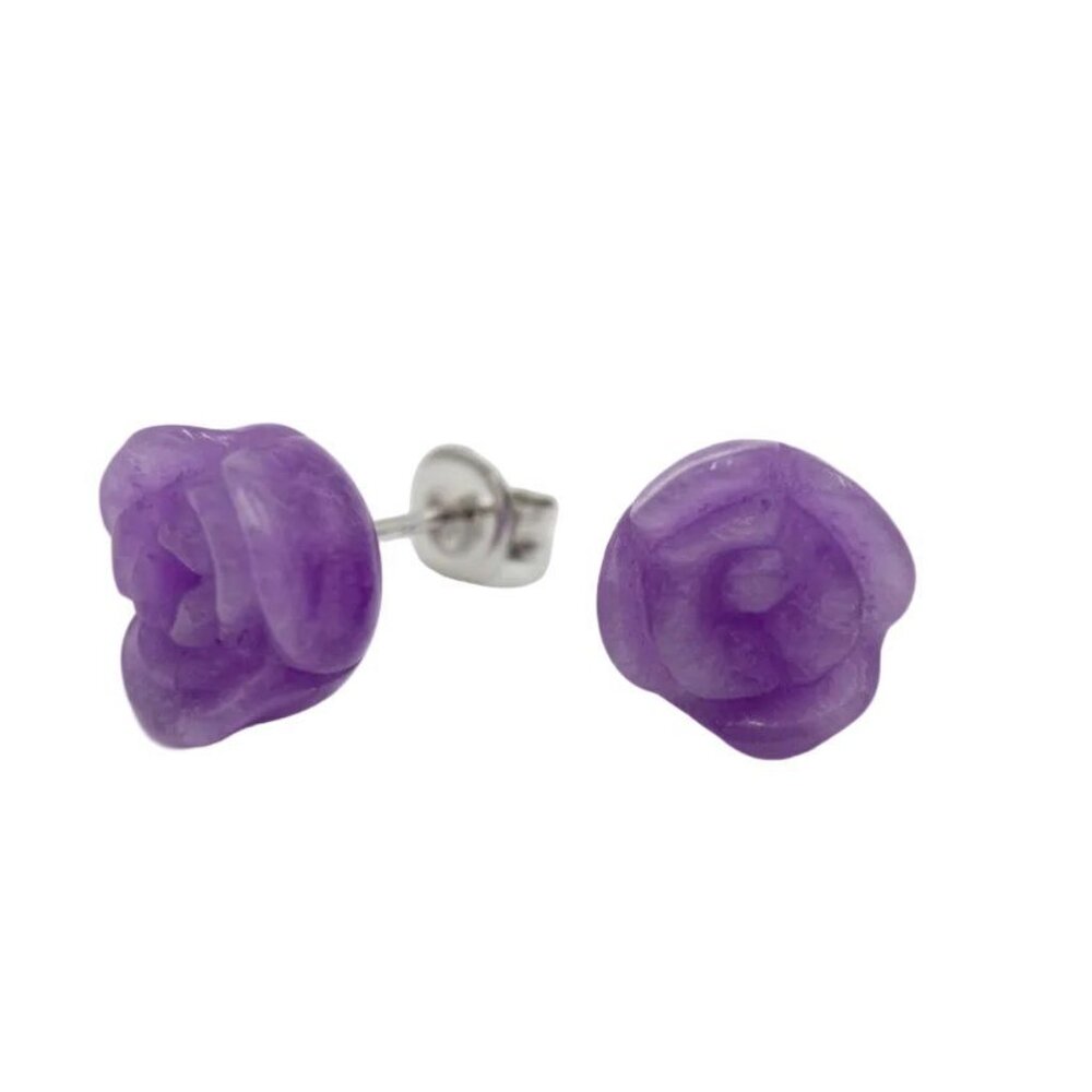 Jade of Yesteryear Sterling Silver Purple Jade Carve Rose Stud Earrings.